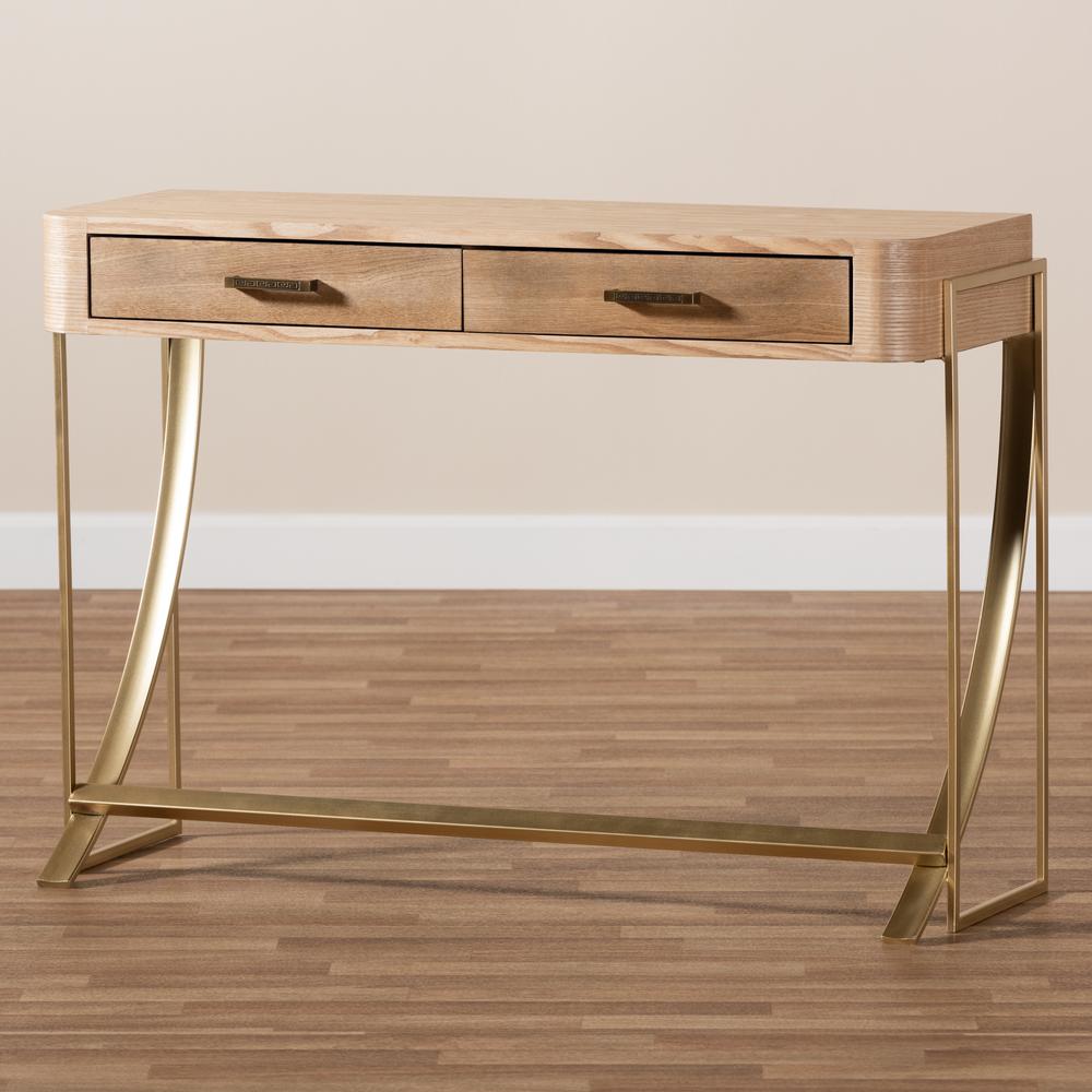 Natural Brown Finished Wood and Gold Finished 2-Drawer Console Table. Picture 17
