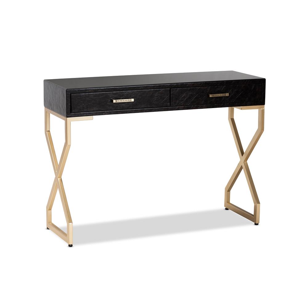 Dark Brown Faux Leather Upholstered Gold Finished 2-Drawer Console Table. Picture 11