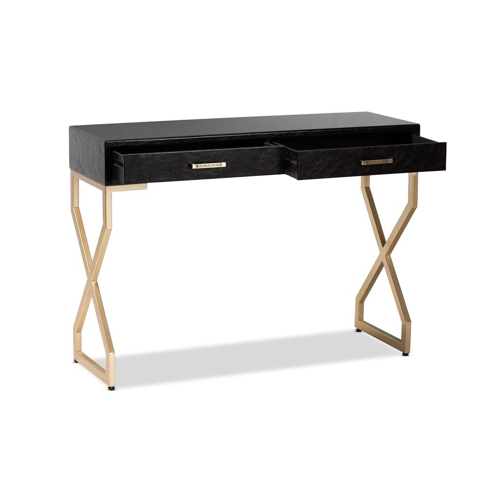 Dark Brown Faux Leather Upholstered Gold Finished 2-Drawer Console Table. Picture 12