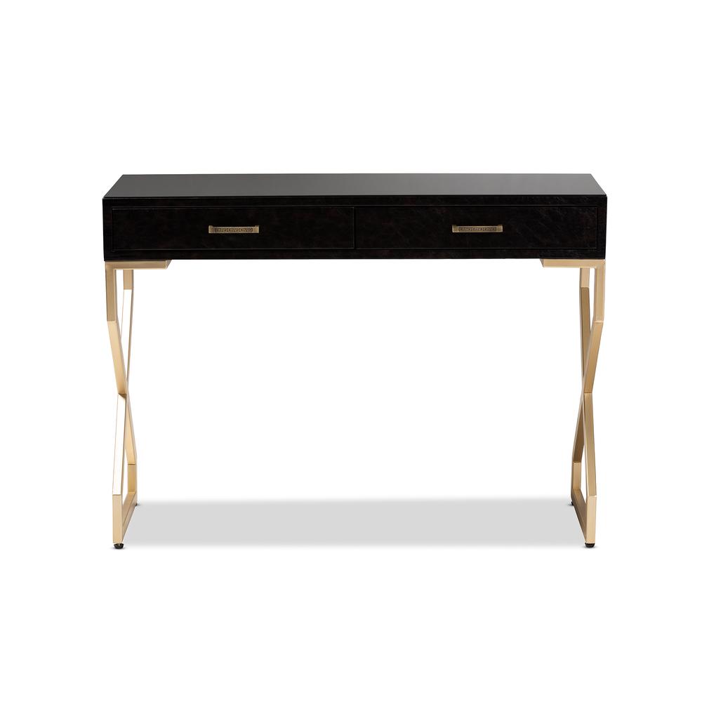 Dark Brown Faux Leather Upholstered Gold Finished 2-Drawer Console Table. Picture 13