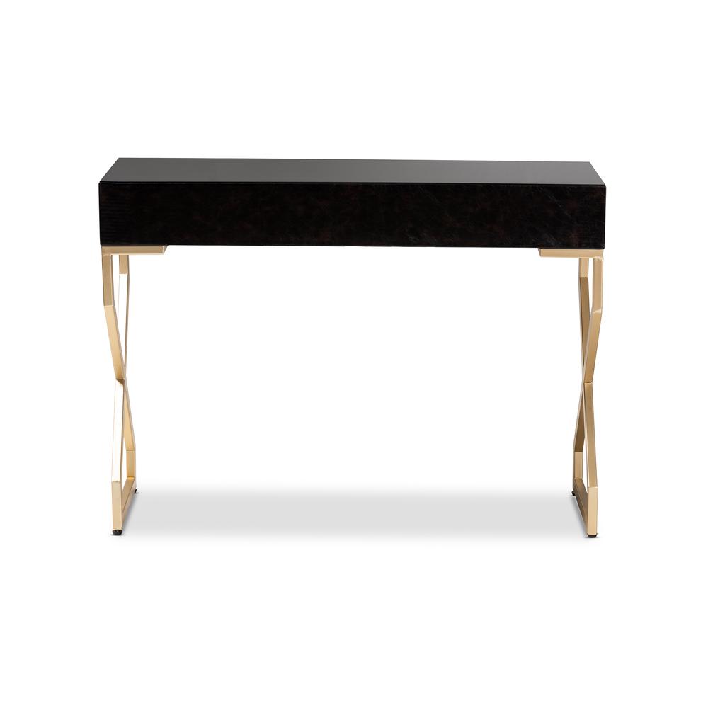 Dark Brown Faux Leather Upholstered Gold Finished 2-Drawer Console Table. Picture 15