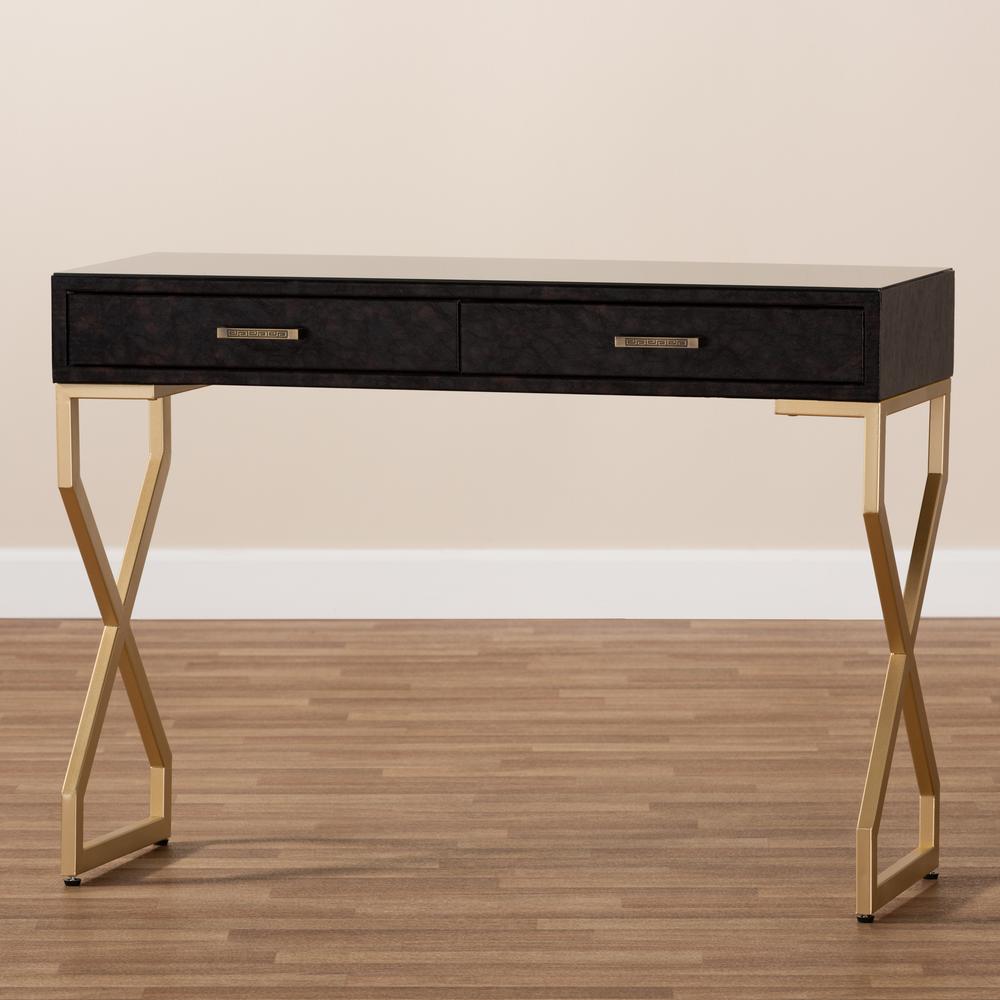 Dark Brown Faux Leather Upholstered Gold Finished 2-Drawer Console Table. Picture 19