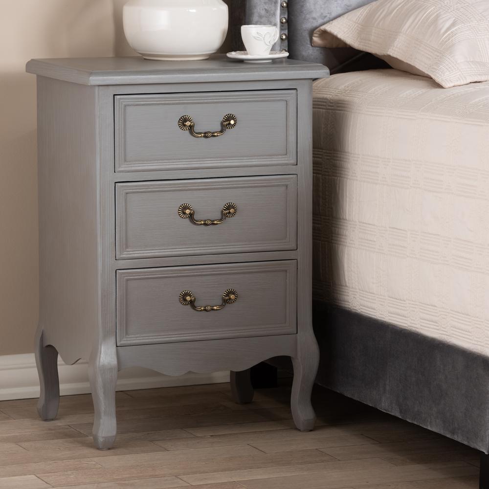 Baxton Studio Capucine Antique French Country Cottage Grey Finished Wood 3-Drawer Nightstand. Picture 8