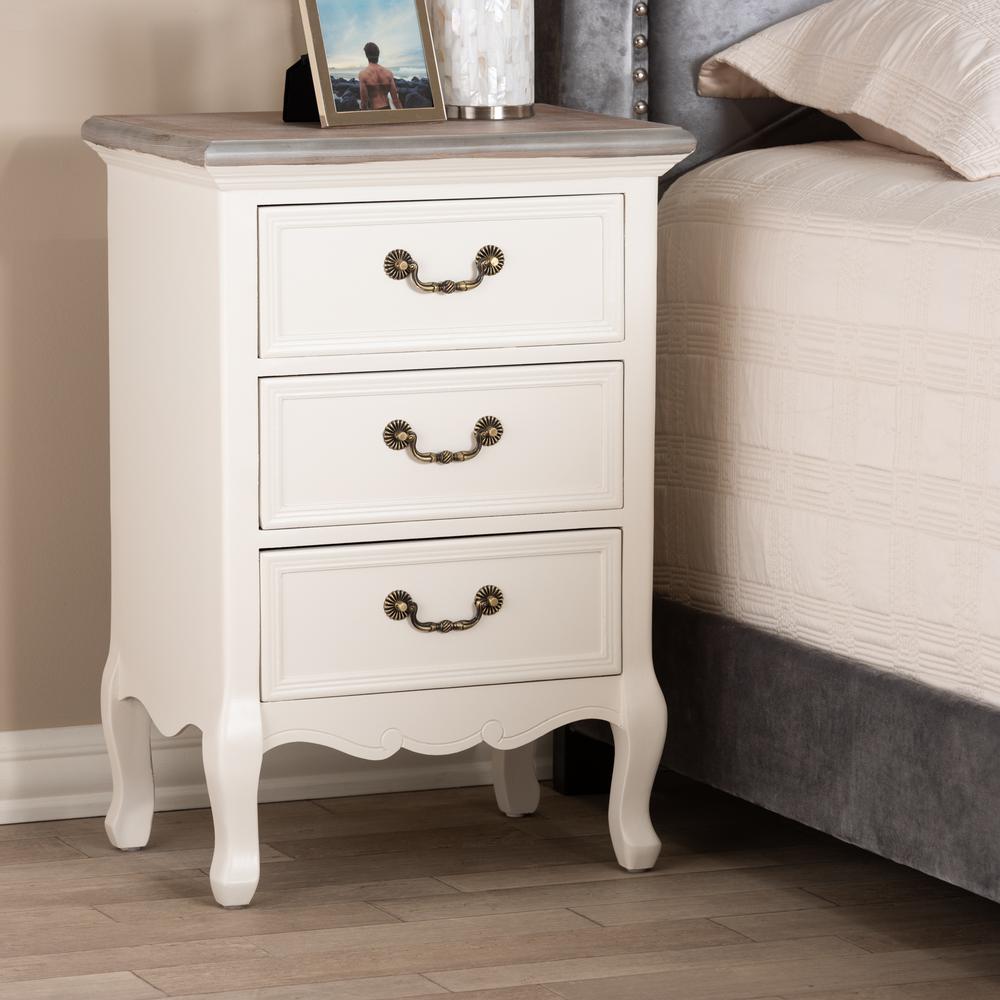 Baxton Studio Capucine Antique French Country Cottage Two Tone Natural Whitewashed Oak and White Finished Wood 3-Drawer Nightstand. Picture 8