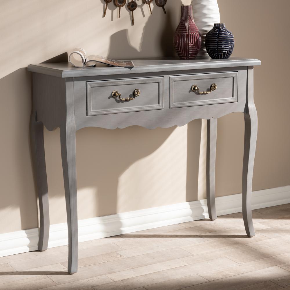 Baxton Studio Capucine Antique French Country Cottage Grey Finished Wood 2-Drawer Console Table. Picture 8