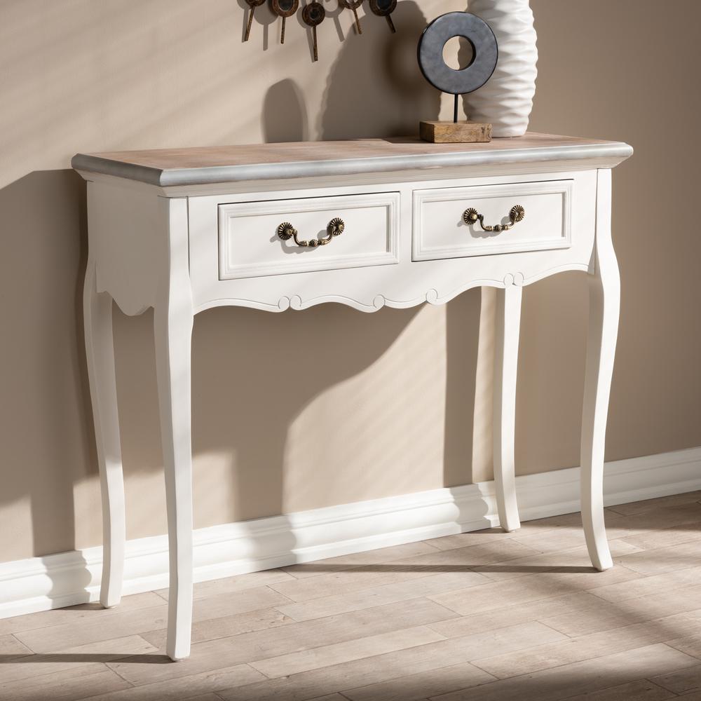 Baxton Studio Capucine Antique French Country Cottage Two Tone Natural Whitewashed Oak and White Finished Wood 2-Drawer Console Table. Picture 8