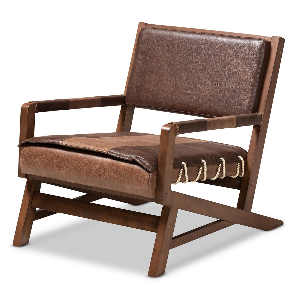 Rovelyn Rustic Brown Faux Leather Upholstered Walnut Finished Wood Lounge Chair. Picture 11
