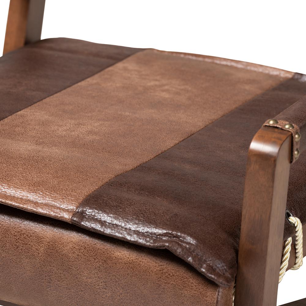 Rovelyn Rustic Brown Faux Leather Upholstered Walnut Finished Wood Lounge Chair. Picture 16