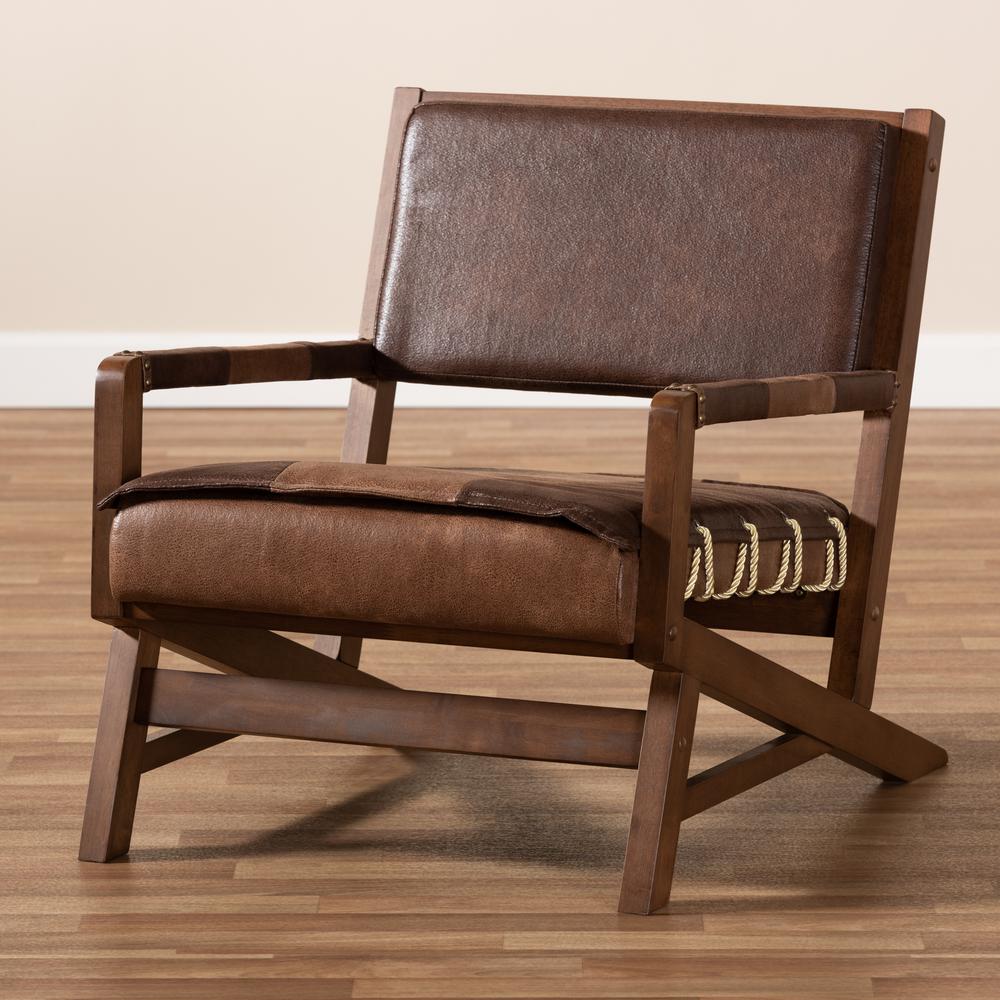 Rovelyn Rustic Brown Faux Leather Upholstered Walnut Finished Wood Lounge Chair. Picture 19