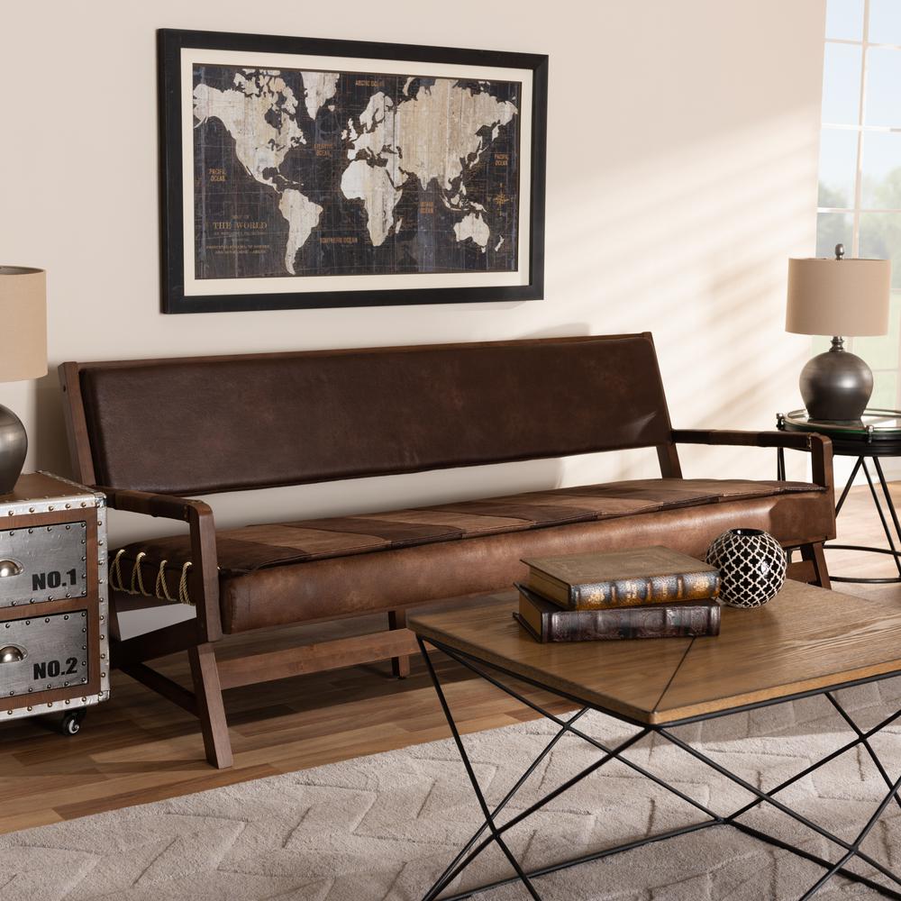 Baxton Studio Rovelyn Rustic Brown Faux Leather Upholstered Walnut Finished Wood Sofa. Picture 9