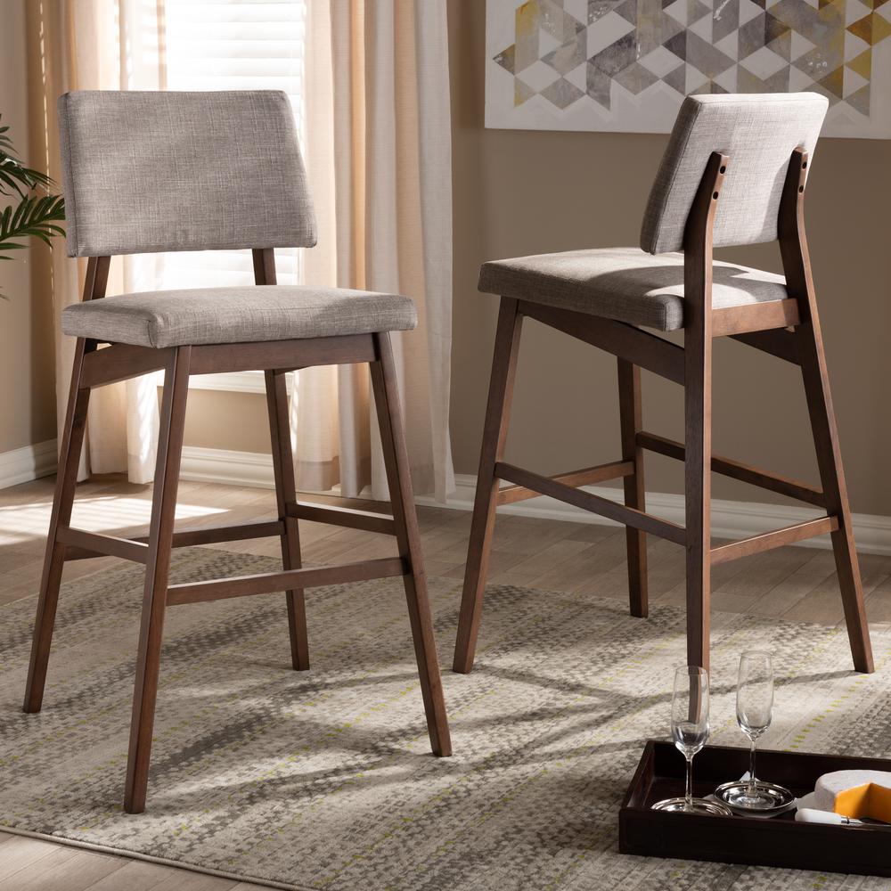 Baxton Studio Colton Mid-Century Modern Light Gray Fabric Upholstered and Walnut-Finished Wood Bar Stool Set. Picture 6