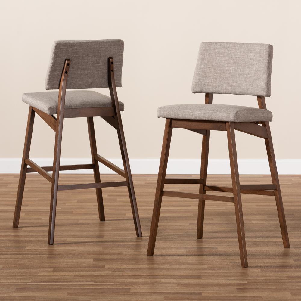 Light Gray Fabric Upholstered and Walnut-Finished Wood Bar Stool Set of 2. Picture 13