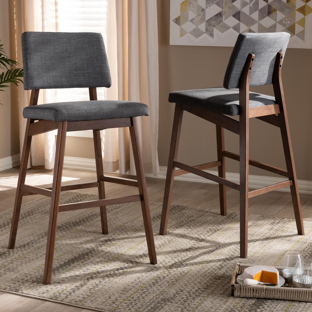 Baxton Studio Colton Mid-Century Modern Dark Gray Fabric Upholstered and Walnut-Finished Wood Bar Stool Set. Picture 6