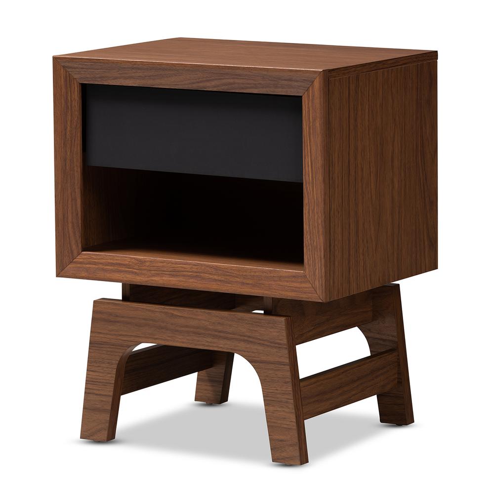 Walnut Brown and Dark Gray Finished Wood 1-Drawer Nightstand. Picture 9