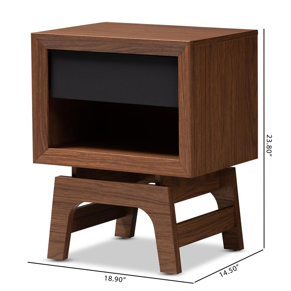 Walnut Brown and Dark Gray Finished Wood 1-Drawer Nightstand. Picture 16