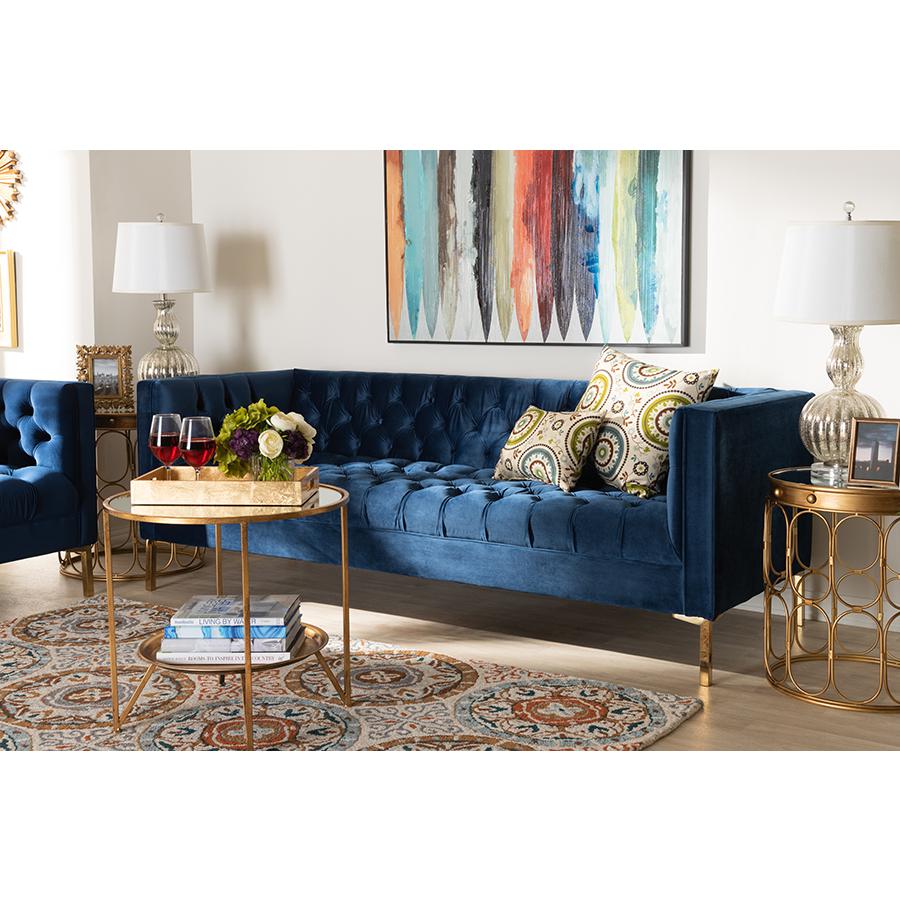 Baxton Studio Zanetta Glam and Luxe Navy Velvet Upholstered Gold Finished Sofa. Picture 8