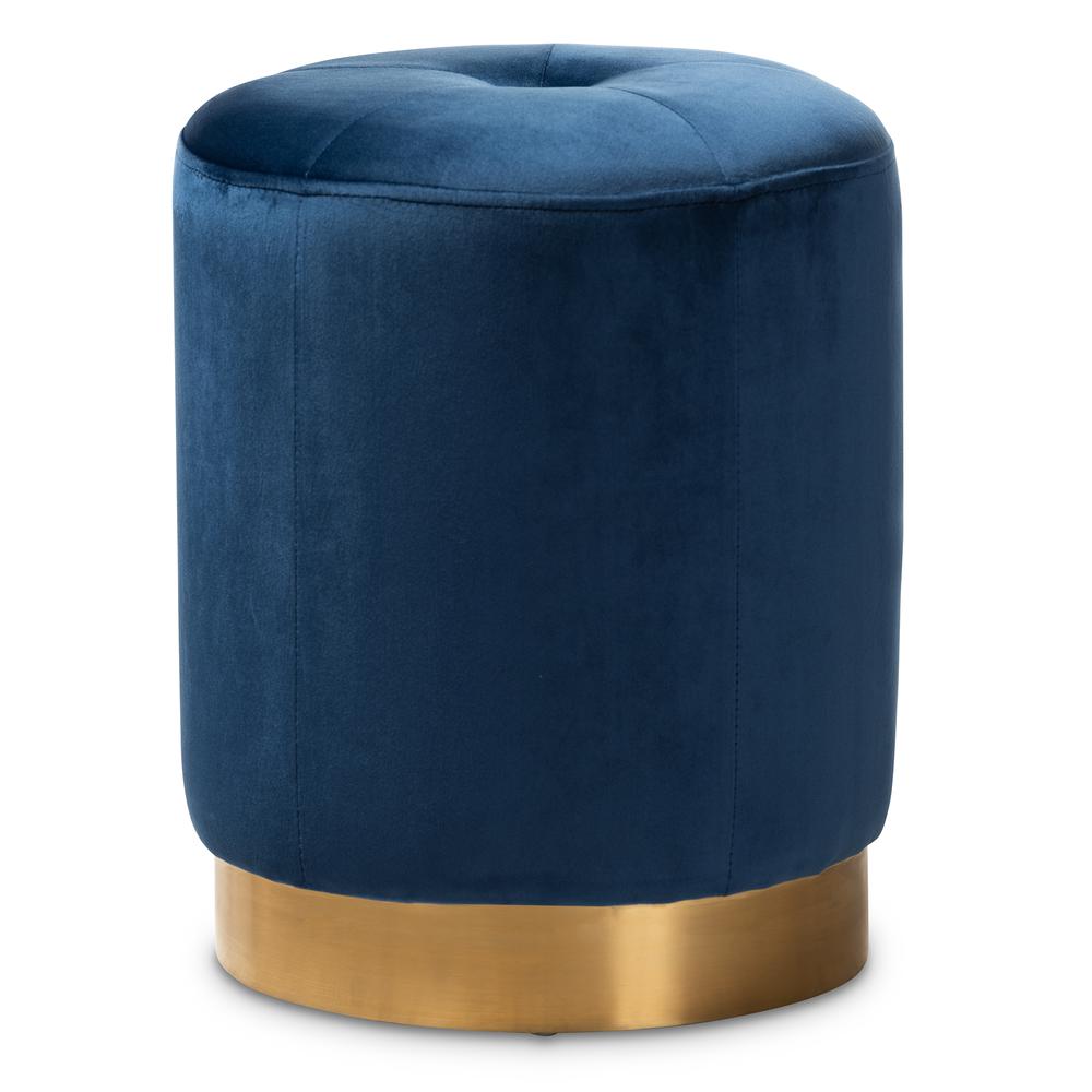 Alonza Glam Navy Blue Velvet Fabric Upholstered Gold-Finished Ottoman. Picture 7
