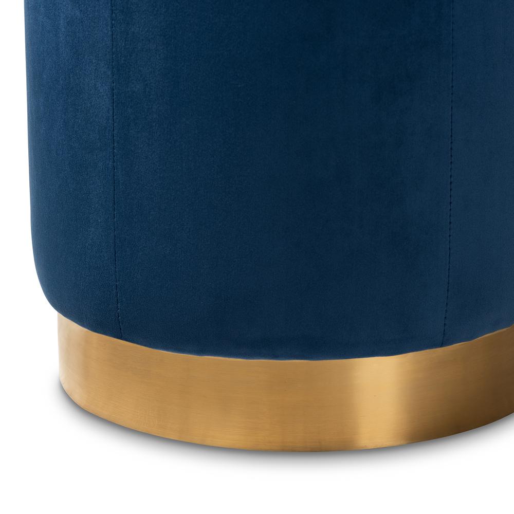Alonza Glam Navy Blue Velvet Fabric Upholstered Gold-Finished Ottoman. Picture 8