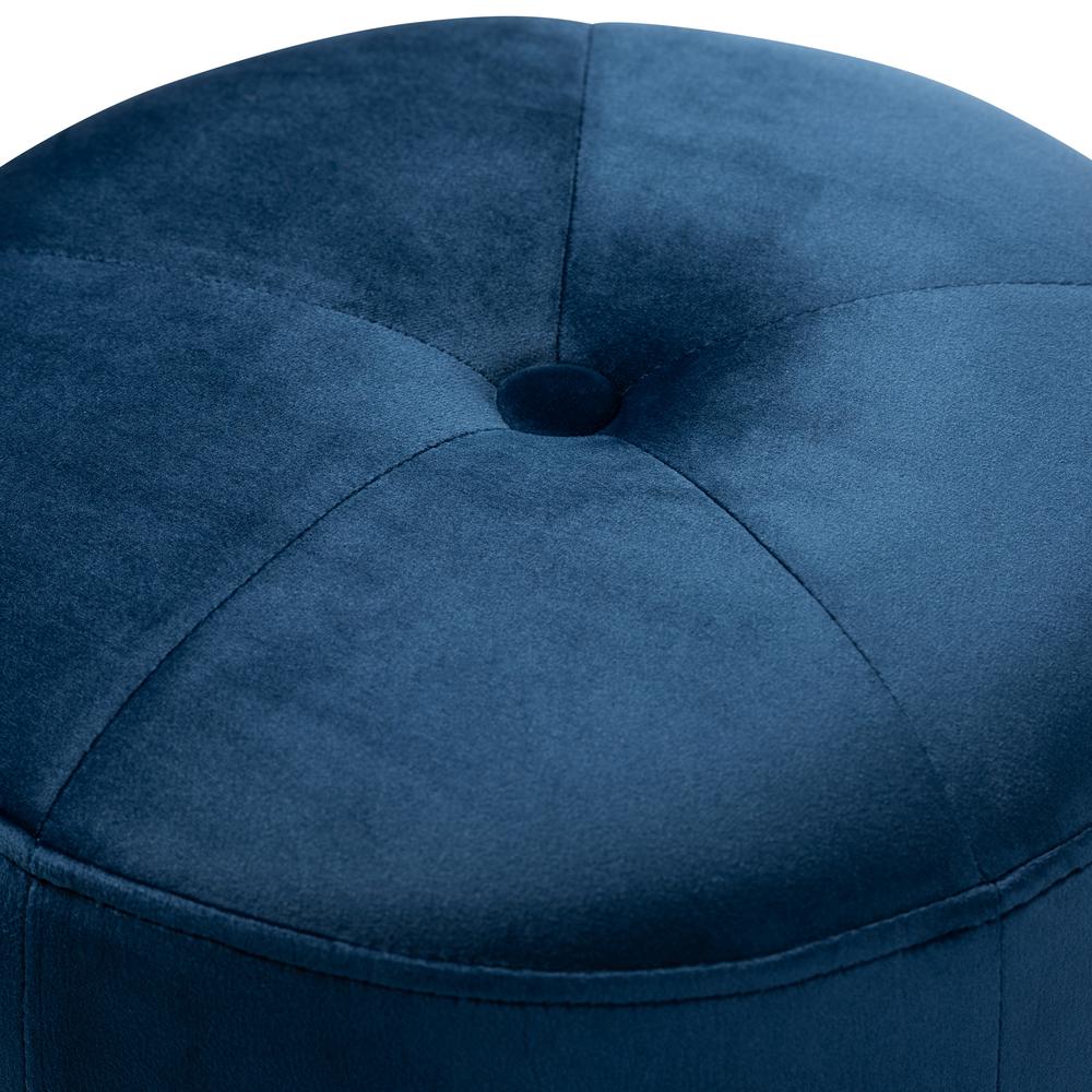 Alonza Glam Navy Blue Velvet Fabric Upholstered Gold-Finished Ottoman. Picture 9