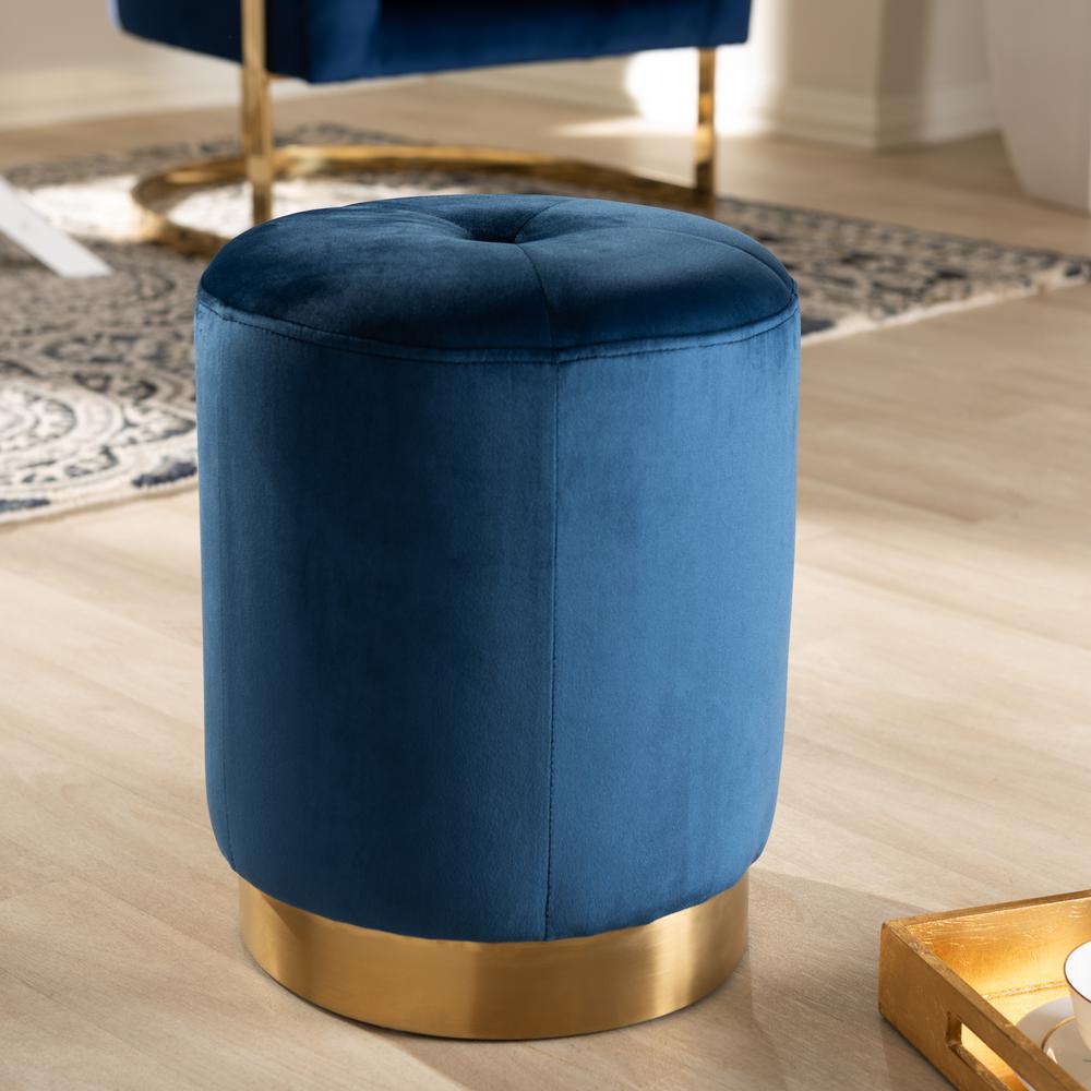 Baxton Studio Alonza Glam Navy Blue Velvet Fabric Upholstered Gold-Finished Ottoman. Picture 5