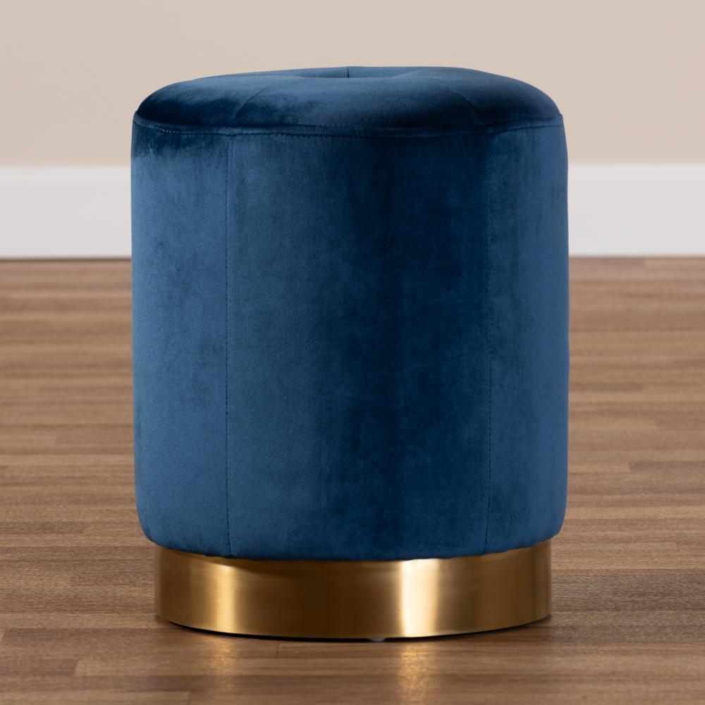 Alonza Glam Navy Blue Velvet Fabric Upholstered Gold-Finished Ottoman. Picture 11