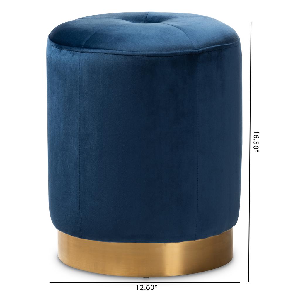 Alonza Glam Navy Blue Velvet Fabric Upholstered Gold-Finished Ottoman. Picture 12