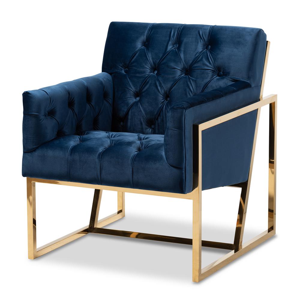 Navy Velvet Fabric Upholstered Gold Finished Lounge Chair. Picture 9