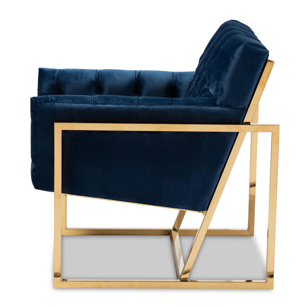 Navy Velvet Fabric Upholstered Gold Finished Lounge Chair. Picture 11