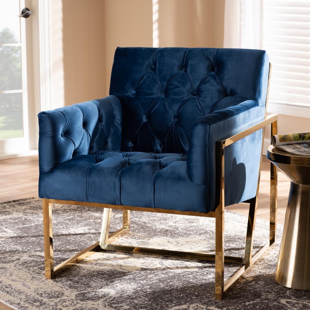 Baxton Studio Milano Modern and Contemporary Navy Velvet Fabric Upholstered Gold Finished Lounge Chair. Picture 7