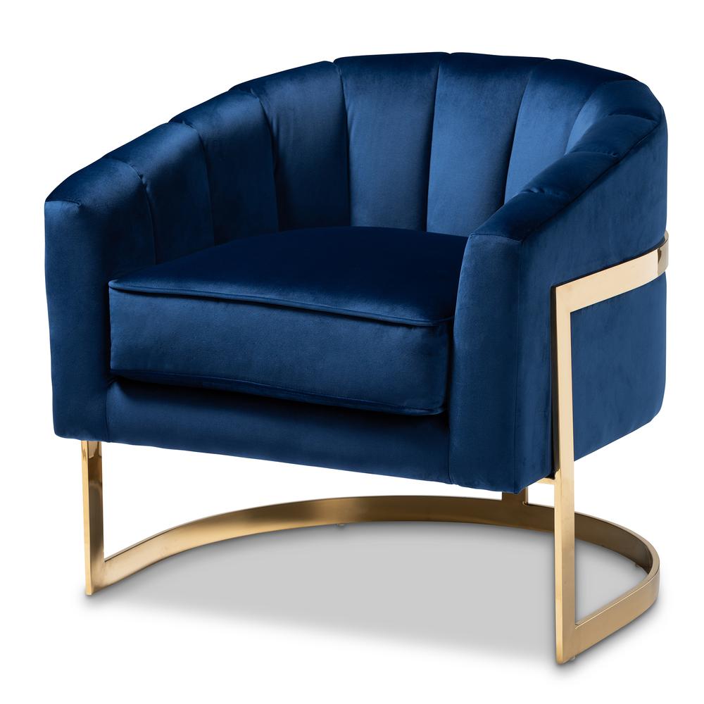 Tomasso Glam Royal Blue Velvet Fabric Upholstered Gold-Finished Lounge Chair. Picture 10