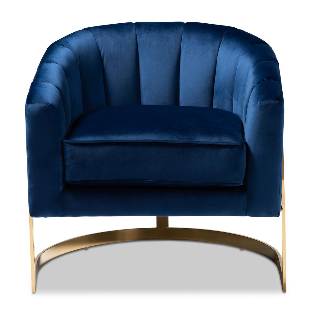 Tomasso Glam Royal Blue Velvet Fabric Upholstered Gold-Finished Lounge Chair. Picture 11