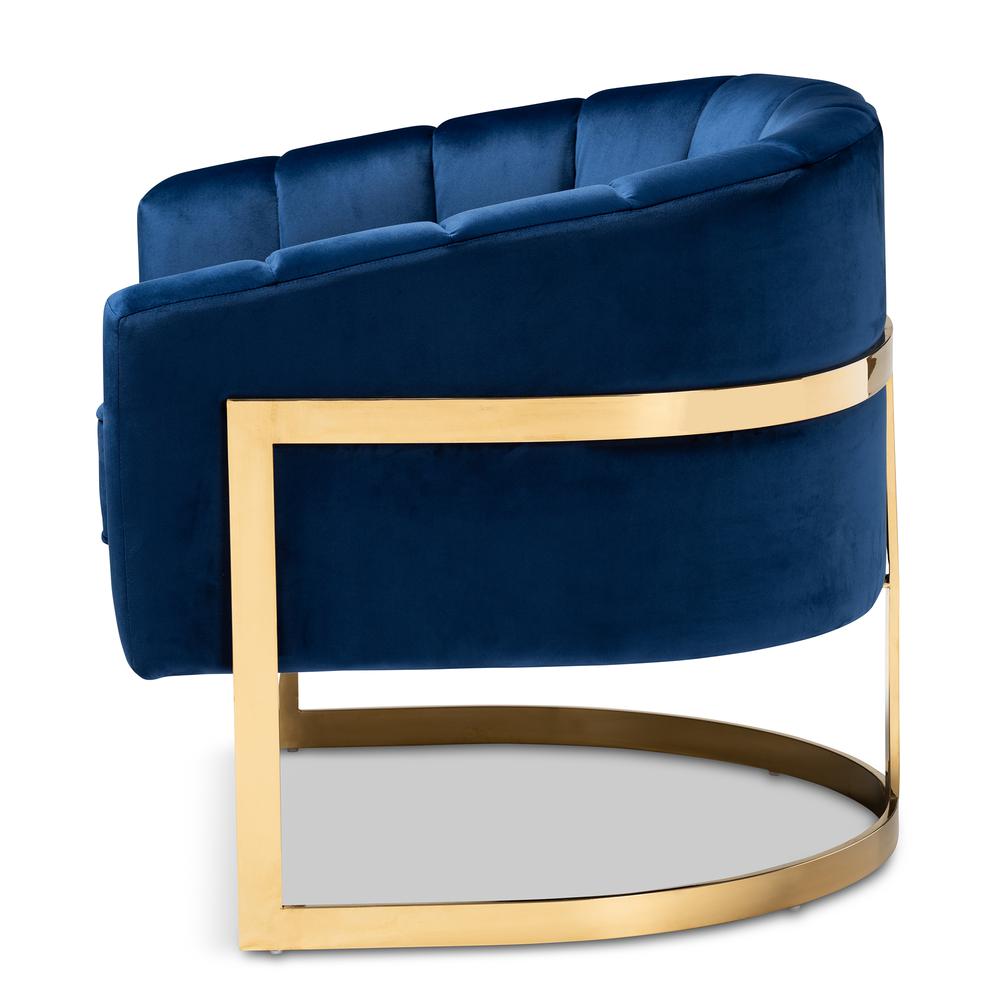 Tomasso Glam Royal Blue Velvet Fabric Upholstered Gold-Finished Lounge Chair. Picture 12