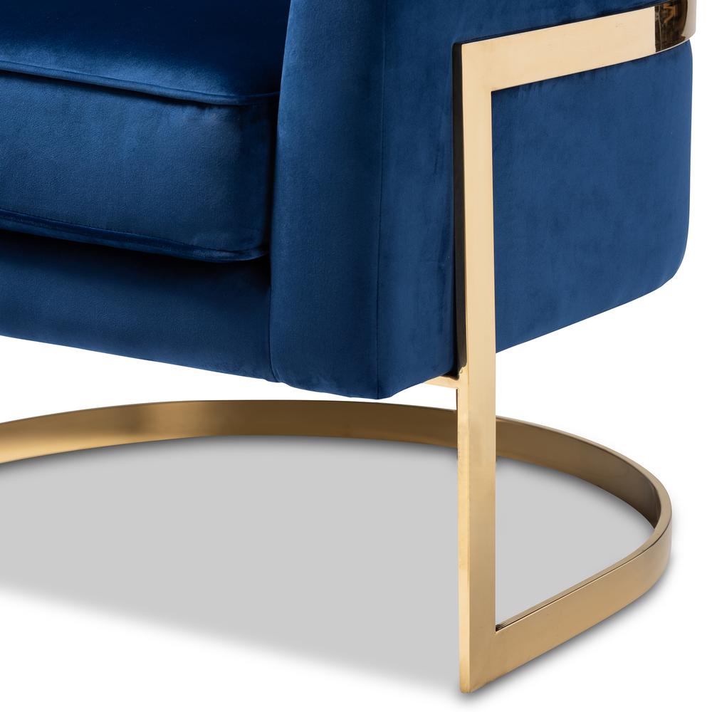 Tomasso Glam Royal Blue Velvet Fabric Upholstered Gold-Finished Lounge Chair. Picture 15