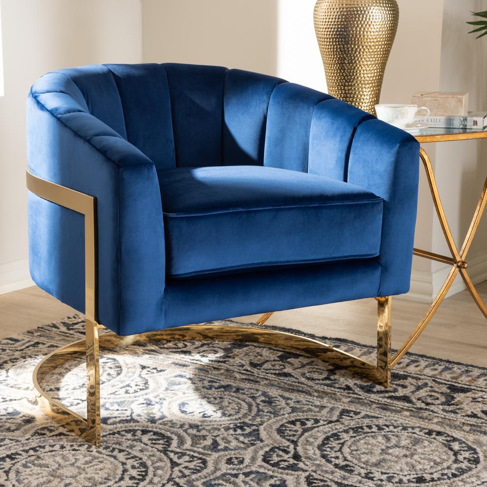 Tomasso Glam Royal Blue Velvet Fabric Upholstered Gold-Finished Lounge Chair. Picture 16