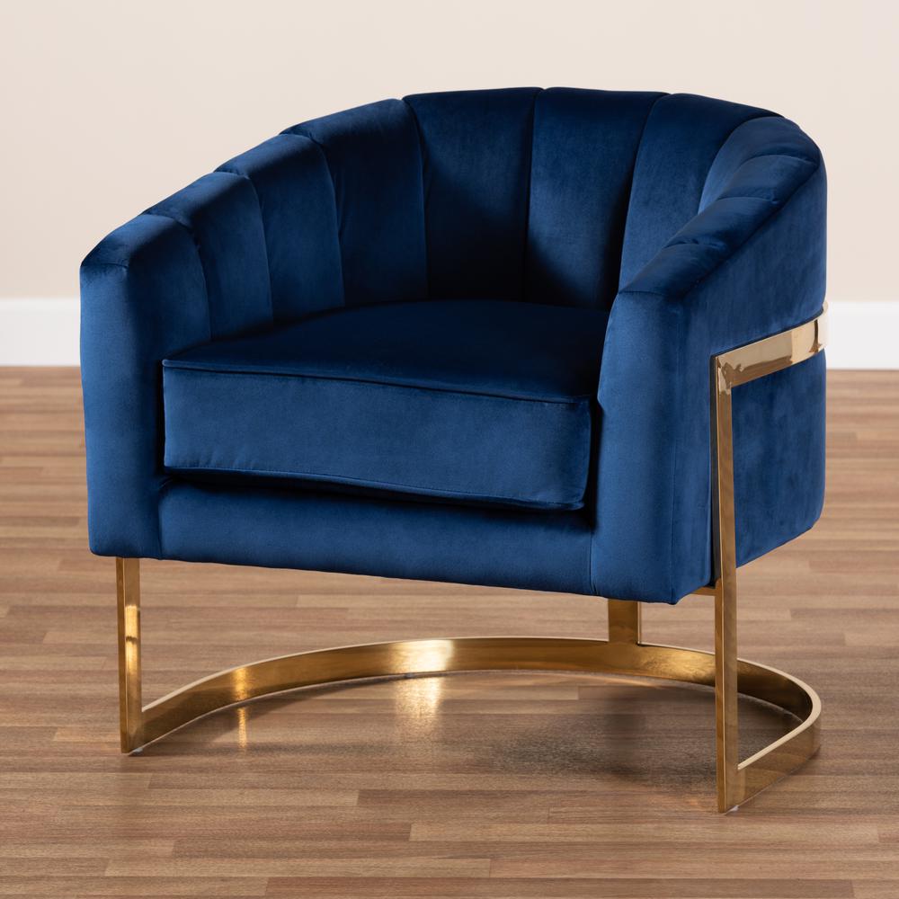 Tomasso Glam Royal Blue Velvet Fabric Upholstered Gold-Finished Lounge Chair. Picture 17
