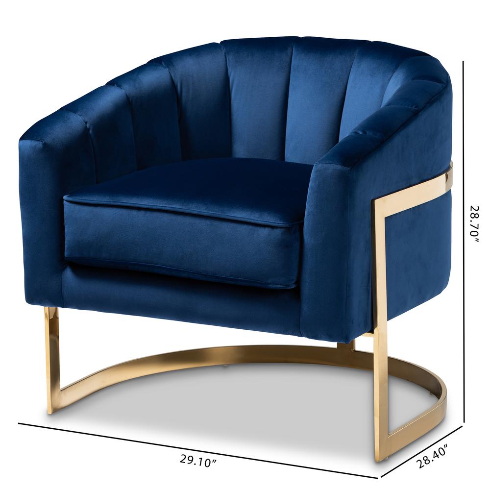Tomasso Glam Royal Blue Velvet Fabric Upholstered Gold-Finished Lounge Chair. Picture 18