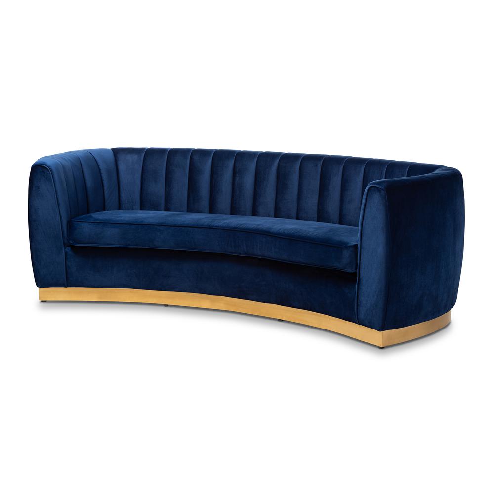 Milena Glam Royal Blue Velvet Fabric Upholstered Gold-Finished Sofa. Picture 10