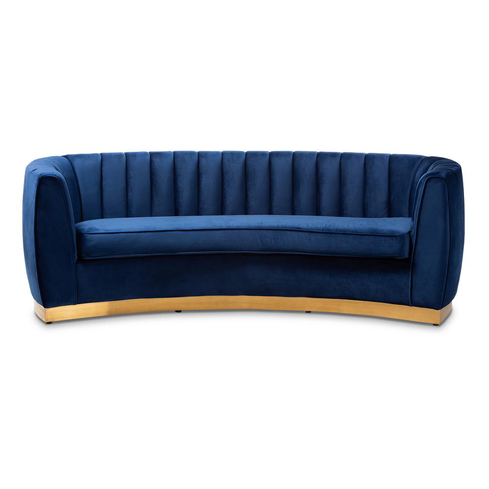 Milena Glam Royal Blue Velvet Fabric Upholstered Gold-Finished Sofa. Picture 11