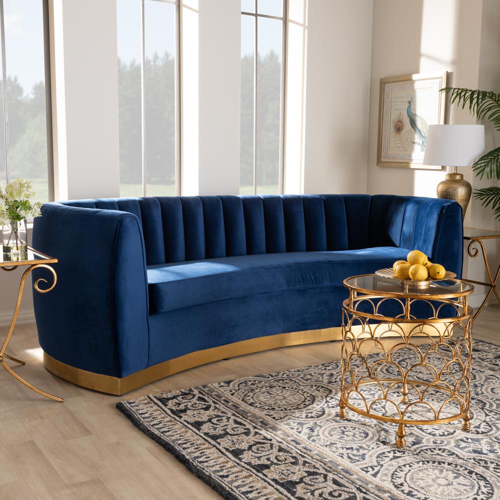Baxton Studio Milena Glam Royal Blue Velvet Fabric Upholstered Gold-Finished Sofa. Picture 8