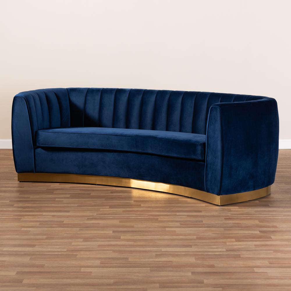 Milena Glam Royal Blue Velvet Fabric Upholstered Gold-Finished Sofa. Picture 17
