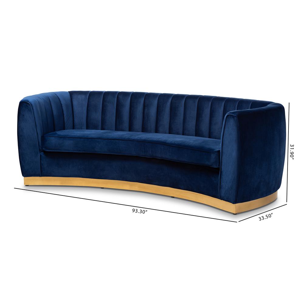 Milena Glam Royal Blue Velvet Fabric Upholstered Gold-Finished Sofa. Picture 18
