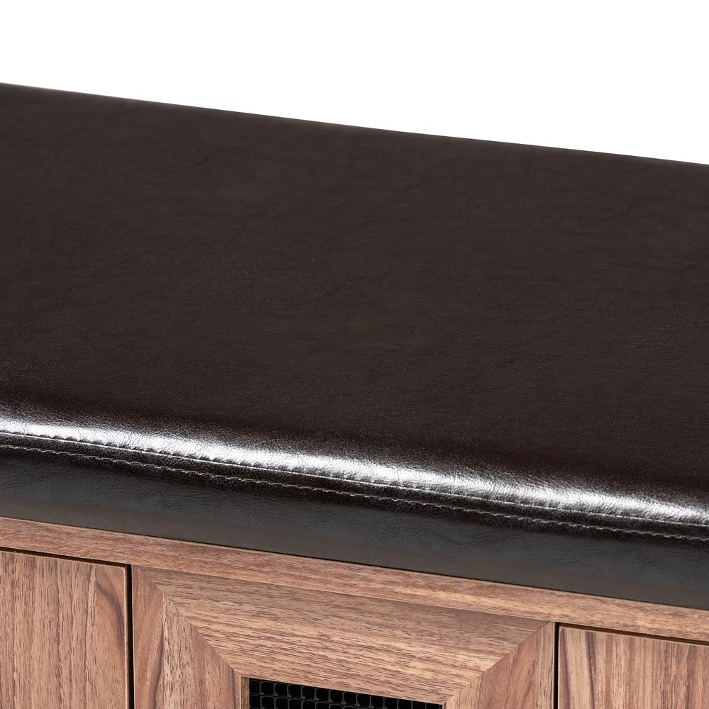 Dark Brown Faux Leather Upholstered 2-Door Wood Shoe Storage Bench. Picture 15