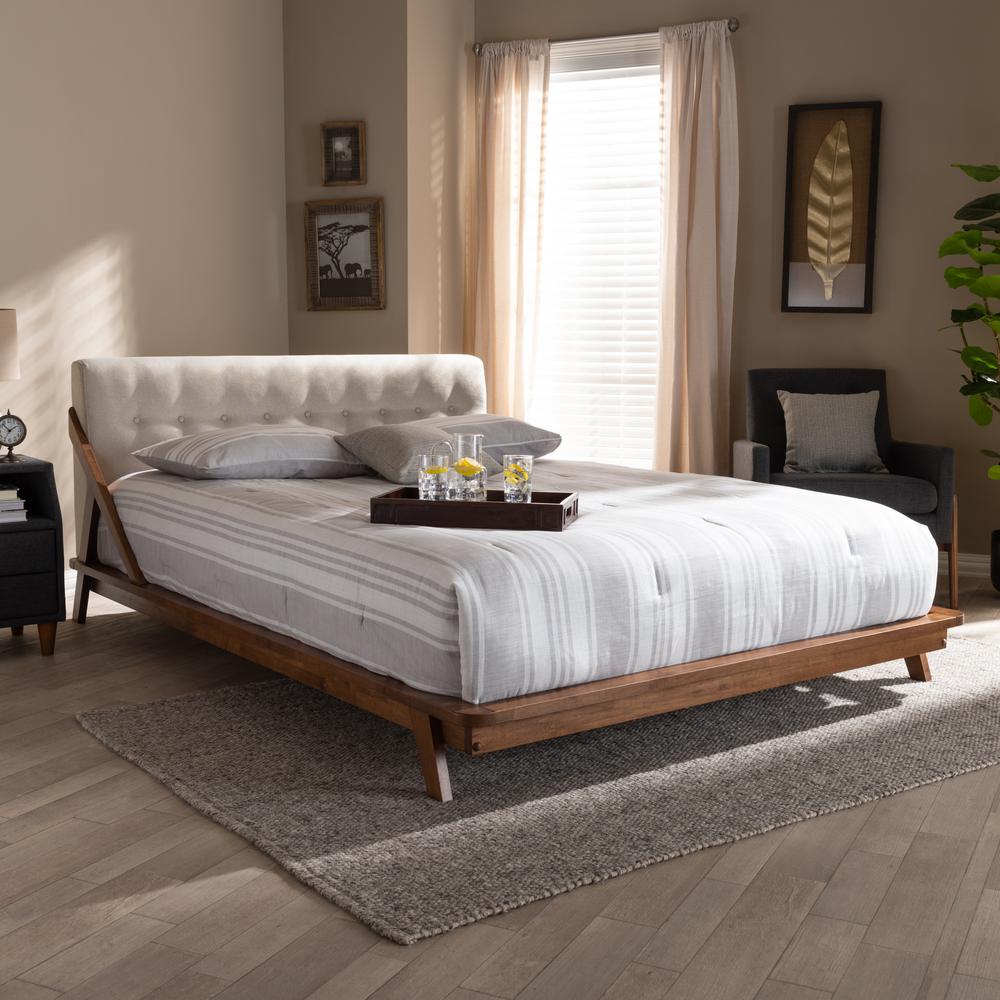 Baxton Studio Sante Mid-Century Modern Light Beige Fabric Upholstered Wood Queen Size Platform Bed. Picture 7