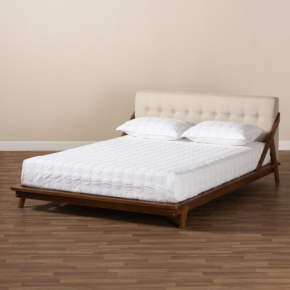 Baxton Studio Sante Mid-Century Modern Light Beige Fabric Upholstered Wood Queen Size Platform Bed. Picture 8