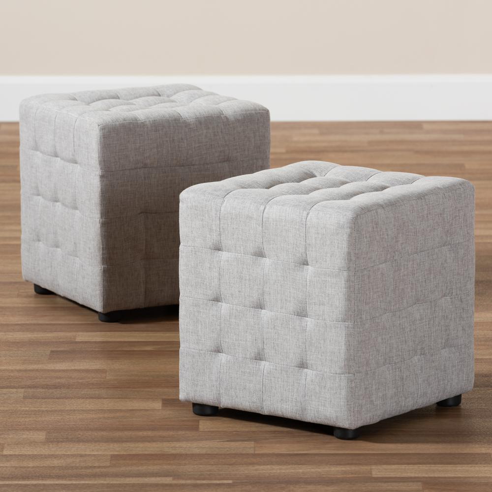 Greyish Beige Fabric Upholstered Tufted Cube Ottoman Set of 2. Picture 11