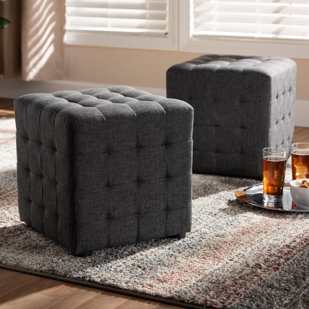 Dark Grey Fabric Upholstered Tufted Cube Ottoman Set of 2. Picture 7