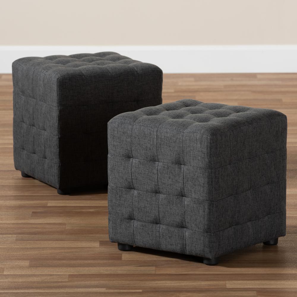 Dark Grey Fabric Upholstered Tufted Cube Ottoman Set of 2. Picture 11