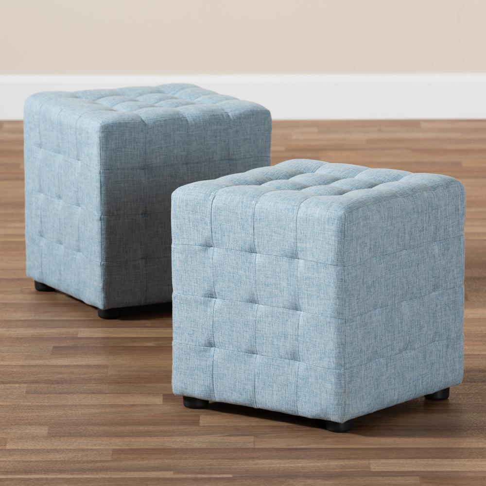 Light Blue Fabric Upholstered Tufted Cube Ottoman Set of 2. Picture 11