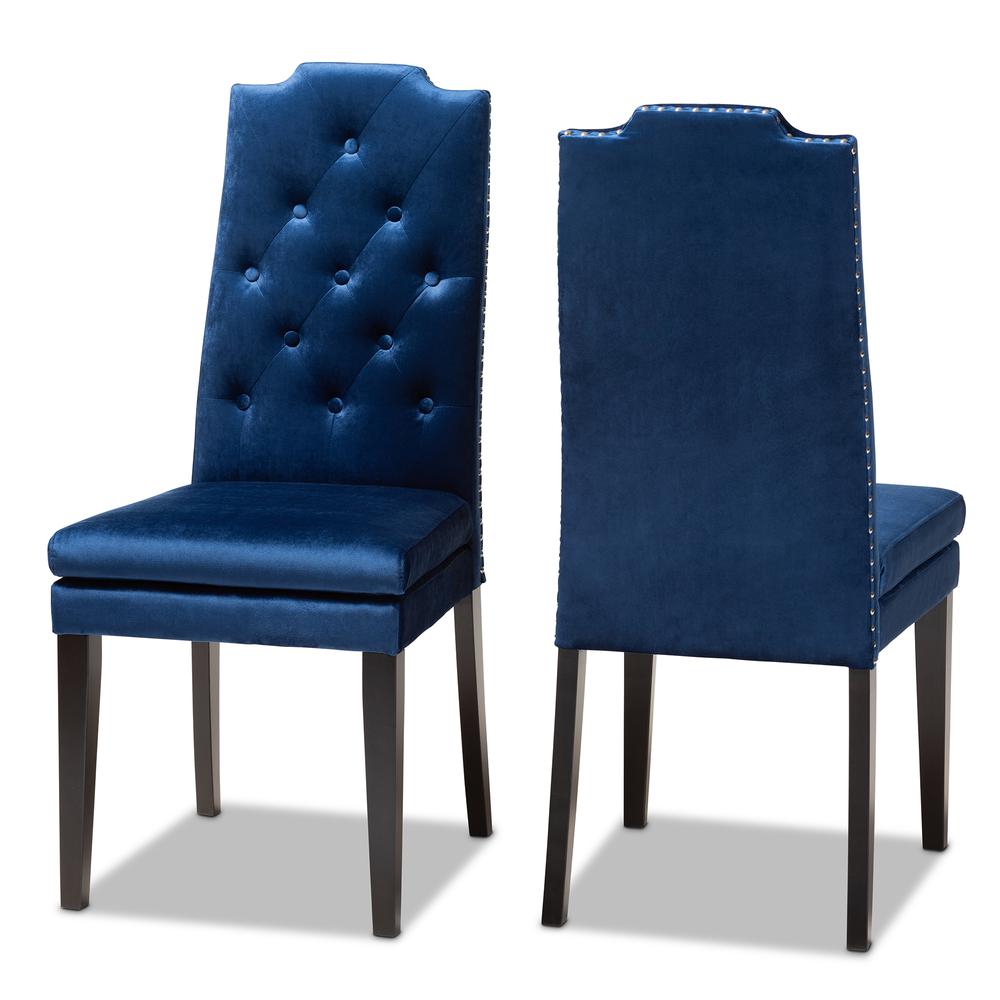 Navy Blue Velvet Fabric Upholstered Button Tufted Wood Dining Chair Set of 2. Picture 8