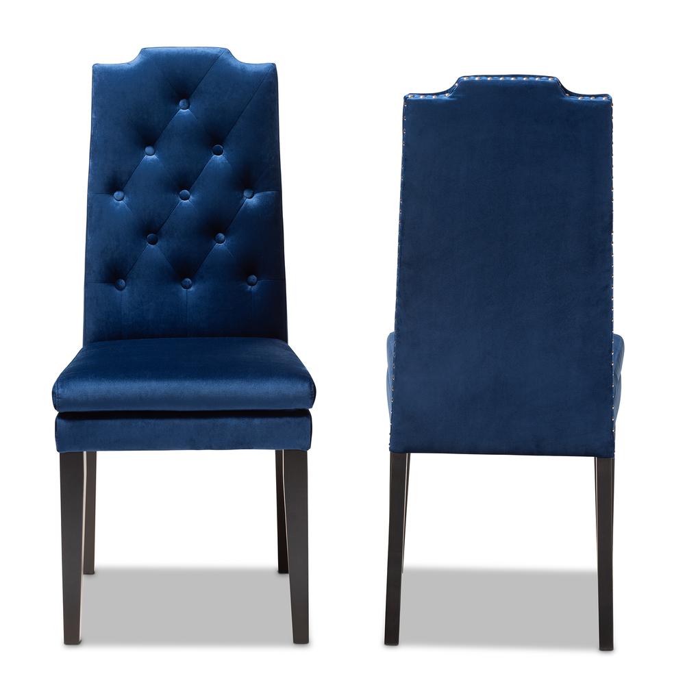 Navy Blue Velvet Fabric Upholstered Button Tufted Wood Dining Chair Set of 2. Picture 9